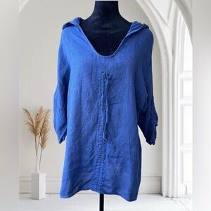 Lands Downunder Blue Linen Hooded Tunic Top Sz L 3/4 Sleeve Boho Casual Pullover